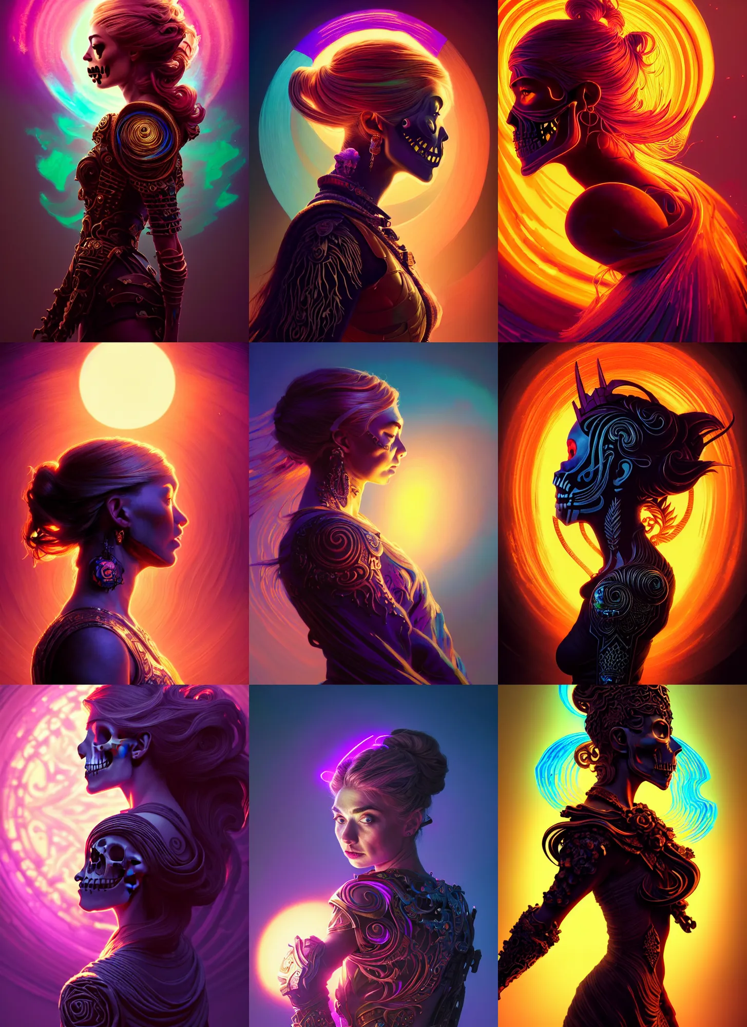 Prompt: side portrait, imogen poots, skull warrior, gloomhaven, soft, smooth, luminescent, art nouveau tarot, backlit glow, colorful swirly ripples, gaudy colors, aesthetic octane render, unreal engine, 8 k, by greg rutkowski, jesper ejsing, rhads, ilya kuvshinov, cushart krenz