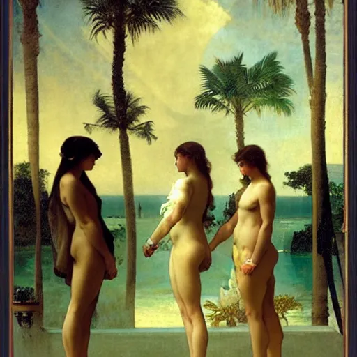 Image similar to Silhouette of four girl at the palace, thunderstorm, greek pool, beach and palm trees on the background major arcana sky, by paul delaroche, alphonse mucha and arnold böcklin arnold böcklin hyperrealistic 8k, very detailed