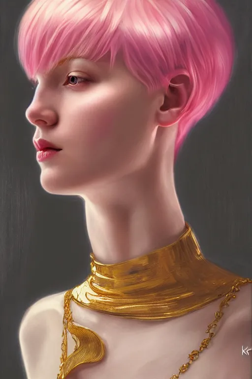 Image similar to Portrait of a beautiful pale skin Nordic female with short pink hair, elegant, photorealistic, highly detailed, artstation, smooth, sharp focus, gold ornaments, neon lighting, sci-fi, art by Klimt.