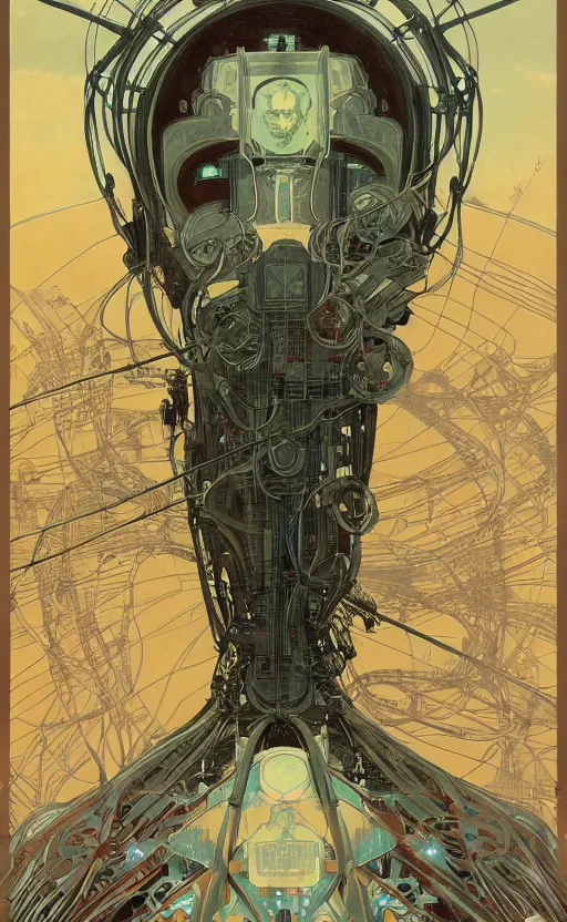 Image similar to upper half portrait of army mecha robot - wires and vines as poster design borders, art by alphonse mucha & zdzisaw beksinski, highly detailed, digital painting, concept art, illustration, smooth sharp focus, intricate, symmetry, artstation, colourful,