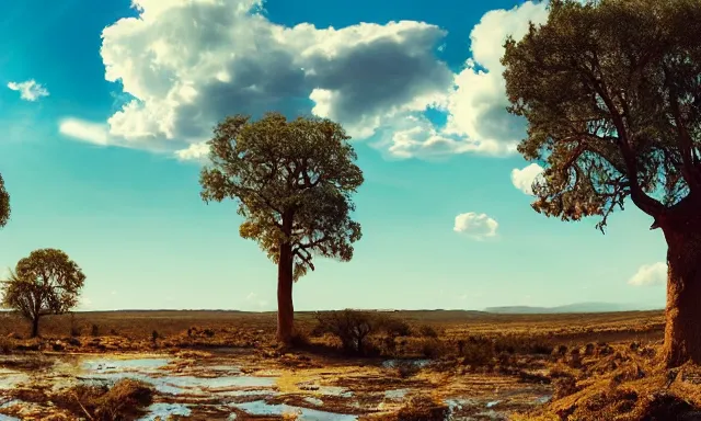 Prompt: beautiful panorama of many magnificent big raindrops flying upwards into the perfect cloudless blue sky above a dried up river surrounded by desolate land and dead trees, blue sky, hot and sunny highly-detailed, elegant, dramatic lighting, artstation, 4k, cinematic landscape, masterpiece photograph by Elisabeth Gadd