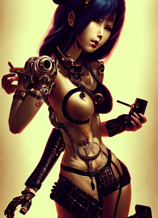 Image similar to soft lustrous ebony geisha seductive raver gutter punk steampunk cyborg, yakuza, golden ratio, details, scifi, fantasy, cyberpunk city, intricate, decadent, highly detailed, octane render, digital painting, artstation, concept art, sharp focus, illustration, art by artgerm, loish, wlop