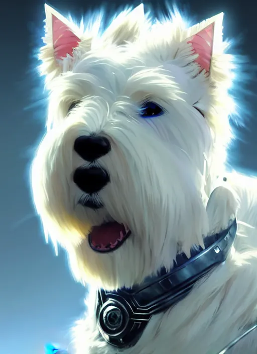 Image similar to a west highland white terrier, anime art style, wearing futuristic, led - lit armor, and a cannon mounted on his back, portrait, high detail, sharp focus, digital painting, artstation, concept art, art by hayao miyazaki and artgerm and greg rutkowski and alphonse mucha.