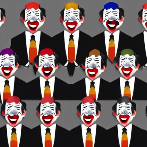 Prompt: clowns in tuxedos, politicians, photorealistic