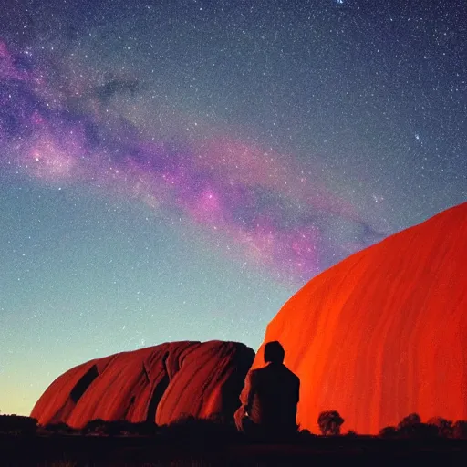 Image similar to terence mckenna, up close at uluru, smoking a cigar, stars, 4 k