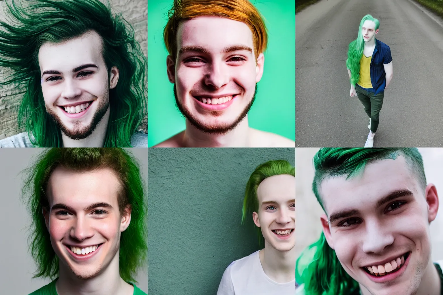 Prompt: a high-quality picture of a young man\'s forehead, green hair, pale skin, eyes wide open, smiling, in color