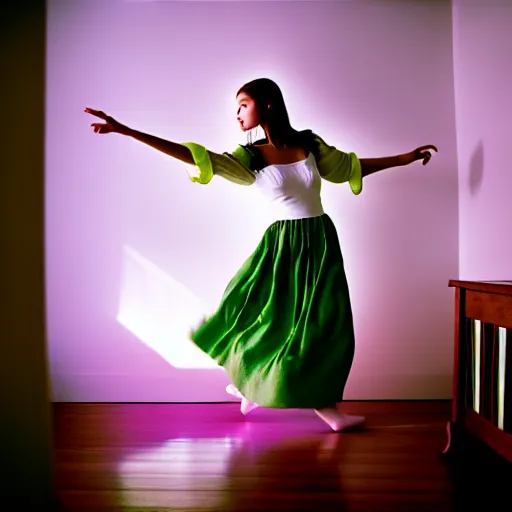 Prompt: cute girl wearing white dancing joyfully in her bedroom at night, dark green atmospheric lighting, elegant, highly detailed, heavy grain, sharp focus, depth of field, radiant light, 8 k, hdr, beautiful composition, photographed by steve mccurry