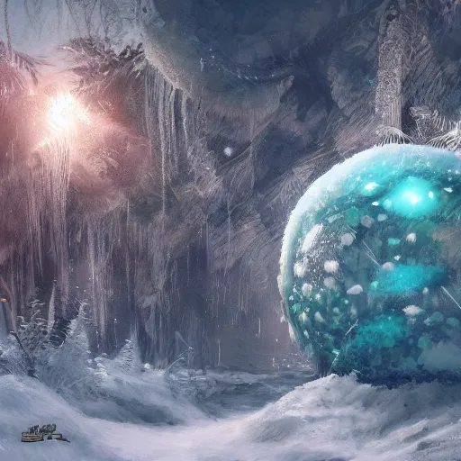 Image similar to Winter sphere in thd middle of the jungle, 8k, detailed, concept art, trending on artstation