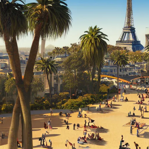 Image similar to landscape of the beautiful city of paris built in california, amazing sunny weather, eiffel tower next to the beach, palm trees, splendid haussmann architecture, digital painting, highly detailed, intricate, without duplication, art by craig mullins, greg rutkwowski, concept art, matte painting, trending on artstation, octane render, 8 k