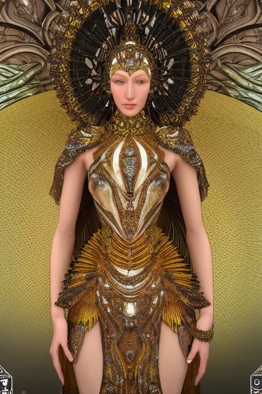 Image similar to a highly detailed metahuman 4 k close up render of an alien goddess bella hadid as durga in iris van herpen dress schiaparelli in diamonds swarovski and jewelry in style of alphonse mucha gustav klimt trending on artstation made in unreal engine 4