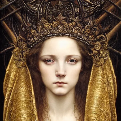 Image similar to detailed realistic beautiful young medieval queen face portrait by jean delville, brooke shaden, gustave dore and marco mazzoni, art nouveau, symbolist, visionary, gothic, pre - raphaelite, ornate gilded medieval icon, surreality