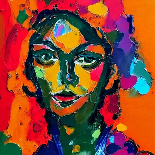 Image similar to portrait of beautiful woman painted with colorful gouache impasto