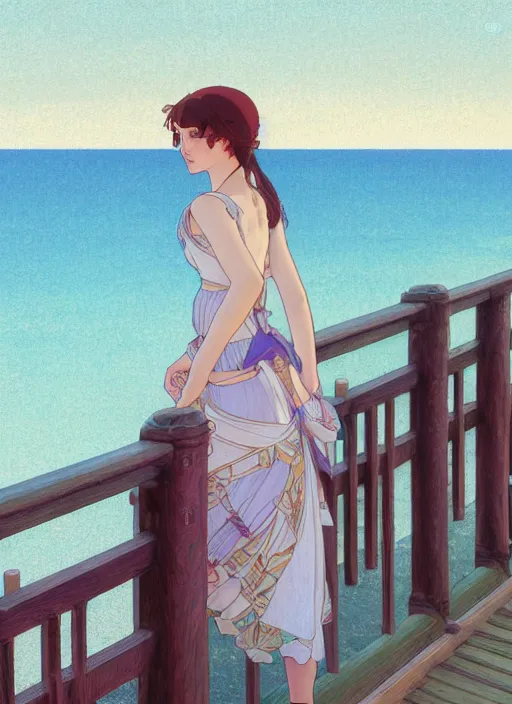 Image similar to pretty young woman leaning against the railing at the beach, path traced, highly detailed, high quality, digital painting, by studio ghibli and alphonse mucha, leesha hannigan, makoto shinkai, disney