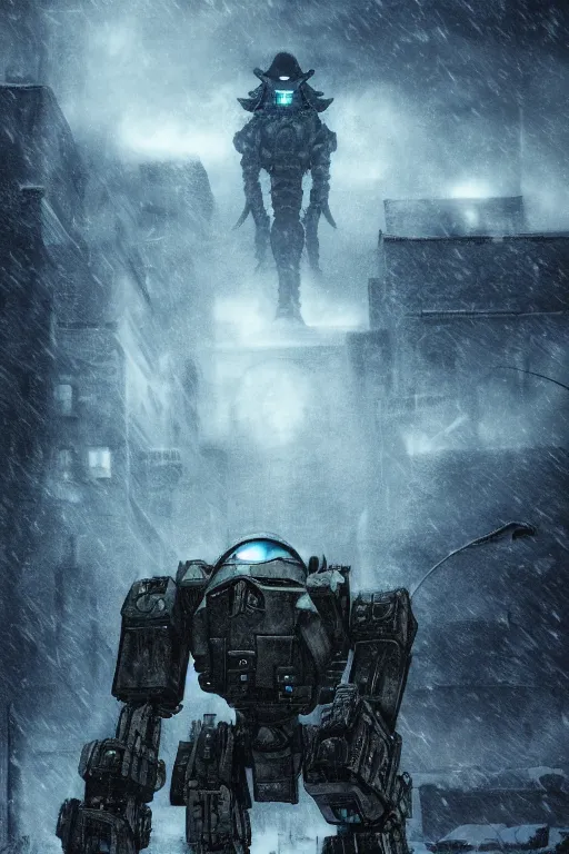 Prompt: magazine cover, cthulhu iron giant war mech with a huge rifle in tokyo city, lighting, alien invasion, modern buildings, winter landscape, snowstorm, establishing shot, metal texture, apocalypse, explosion scene, thick smoke, 8 k, super realistic, cinematic composition, by gustav dore