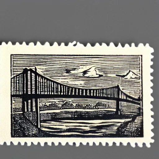 Image similar to small steel suspension bridge built in 1 9 2 8, side view, puffy clouds in background, woodcut style stamp, 8 k