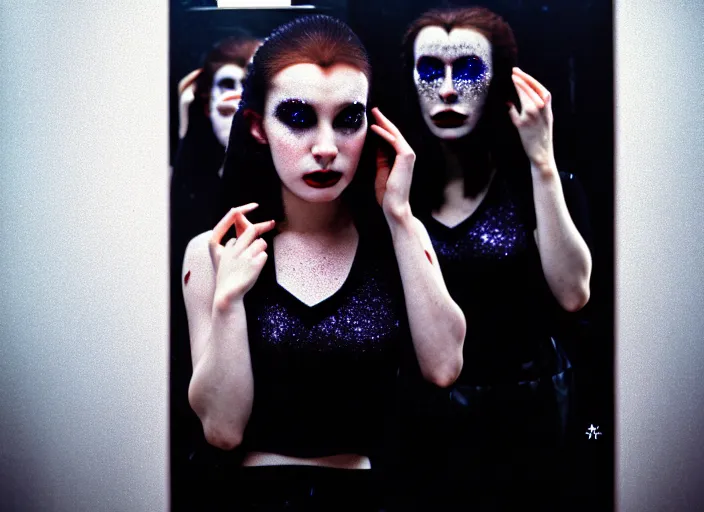 Prompt: cinestill 5 0 d candid photographic portrait by stanley kubrick of a beautiful feminine man wearing black techwear skirt and glitter makeup looking in a broken bathroom mirror, cramped new york apartment, medium shot, retrofuturism cyberpunk cinematic, 8 k, hd, high resolution, 3 5 mm, f / 3 2, ultra realistic faces, intricate detail, clockwork orange