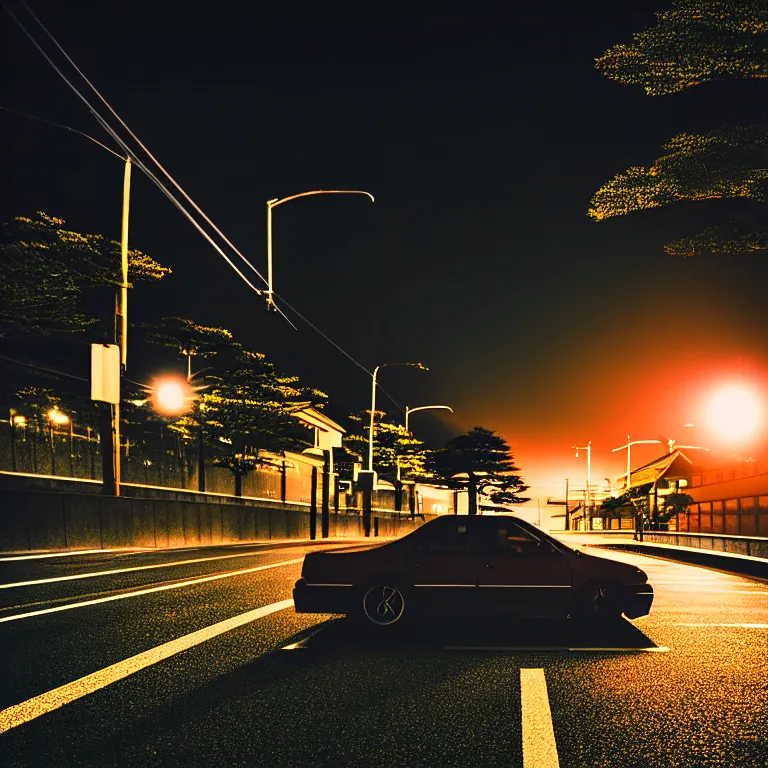 Prompt: close-up-photo JZX90 drift middle of street, sunset kanagawa prefecture, night, cinematic color, photorealistic, highly detailed,