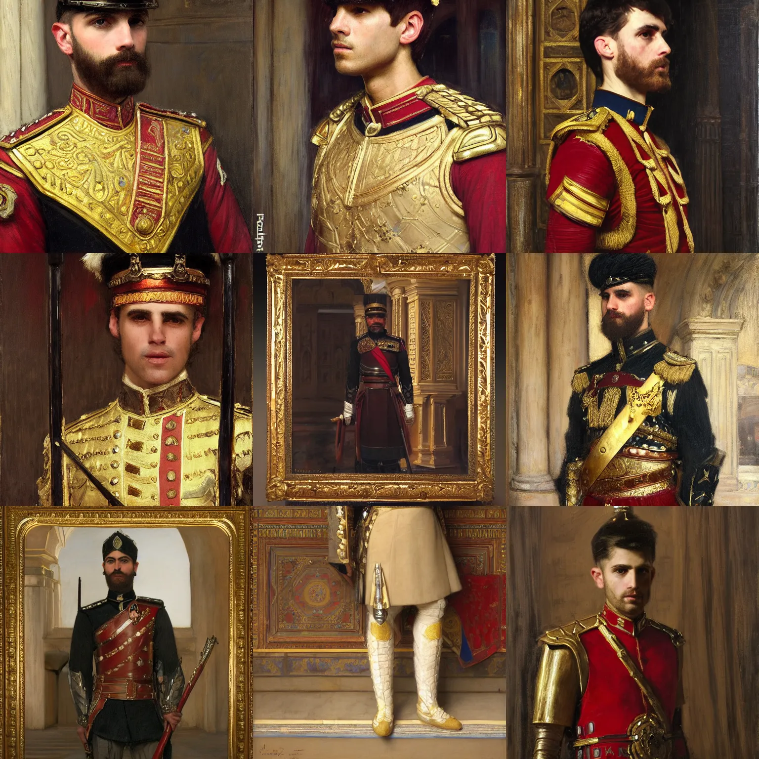 Prompt: male palace guard intricate portrait by john william waterhouse and Edwin Longsden Long and Theodore Ralli and Nasreddine Dinet, oil on canvas. Cinematic, hyper realism, dramatic lighting, high detail 8k