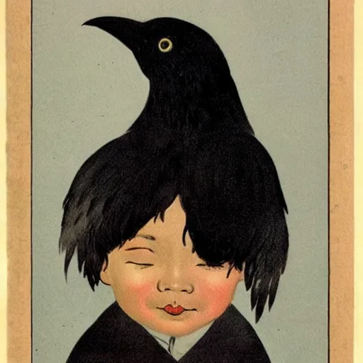 Prompt: vintage illustration of a young asian boy that have a black crow on his head