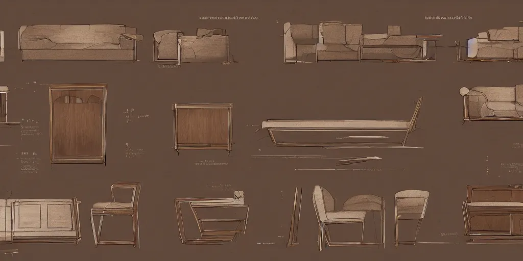 Image similar to furniture design, furniture design sheet, Greg Rutkowski, Zabrocki, Karlkka, Jayison Devadas, Phuoc Quan, trending on Artstation, 8K, ultra wide angle, zenith view, pincushion lens effect