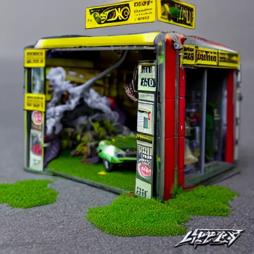 Image similar to garage with carnivorous plants on the shelves and packing peanuts on the floor, scene from tv show hyper detailed 5 5 mm 8 5 mm, toy photography, made out of plastic