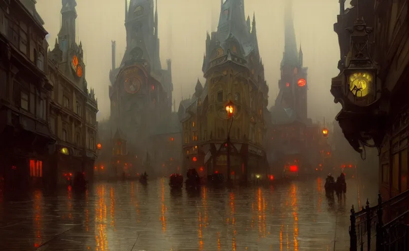 Image similar to an old victorian city with rainy atmosphere and moody and cinematic lighting by alphonse mucha, simon stalenhag and darek zabrocki, cinematic and atmospheric, concept art, artstation, trending on artstation