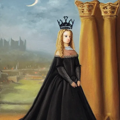 Prompt: black cat dressed in medieval princess gown with tiara with large sheild in the background detailed oil painting