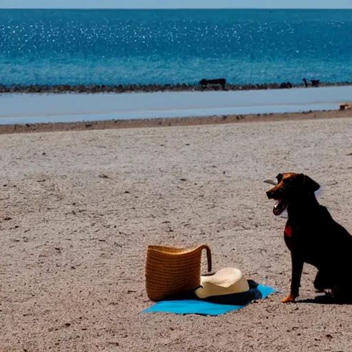 Image similar to Dog with white hat on the beach having a picknick