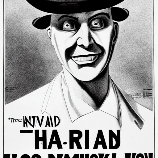 Prompt: Extremely pale human, flat preacher hat, unshaven, sly smile, evil aura, black and white poster art, cca 1930