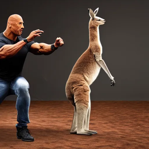 Image similar to dwayne johnson throwing a kangaroo, studio photography, high detail, ultra high detail, 4 k, hdr, 8 k