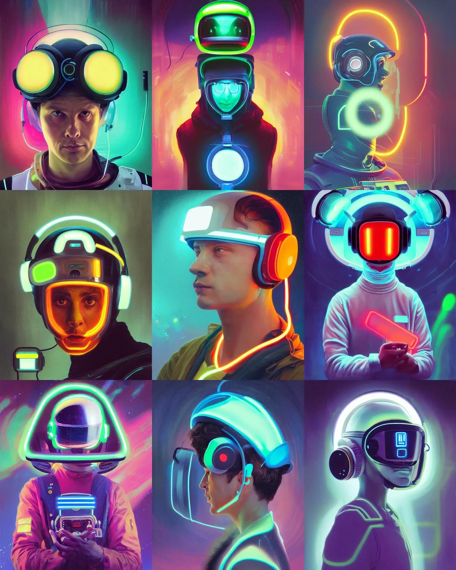 Prompt: sfam driver as a future coder looking on, glowing visor over eyes and sleek neon headphones, neon accents, bottom lighting, desaturated headshot portrait painting by dean cornwall, ilya repin, rhads, tom whalen, alex grey, alphonse mucha, donoto giancola, astronaut cyberpunk electric fashion photography
