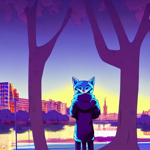 Prompt: key anime visual portrait of a blue anthropomorphic fox furry fursona wearing a bright hoodie, city park in the background at sunset, modern animation still, 4 k