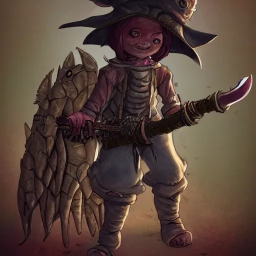 Prompt: cute tiny goblin girl wearing hunter armor from Bloodborne and a wizard hat, geeen skin, d&d, art by Shadbase
