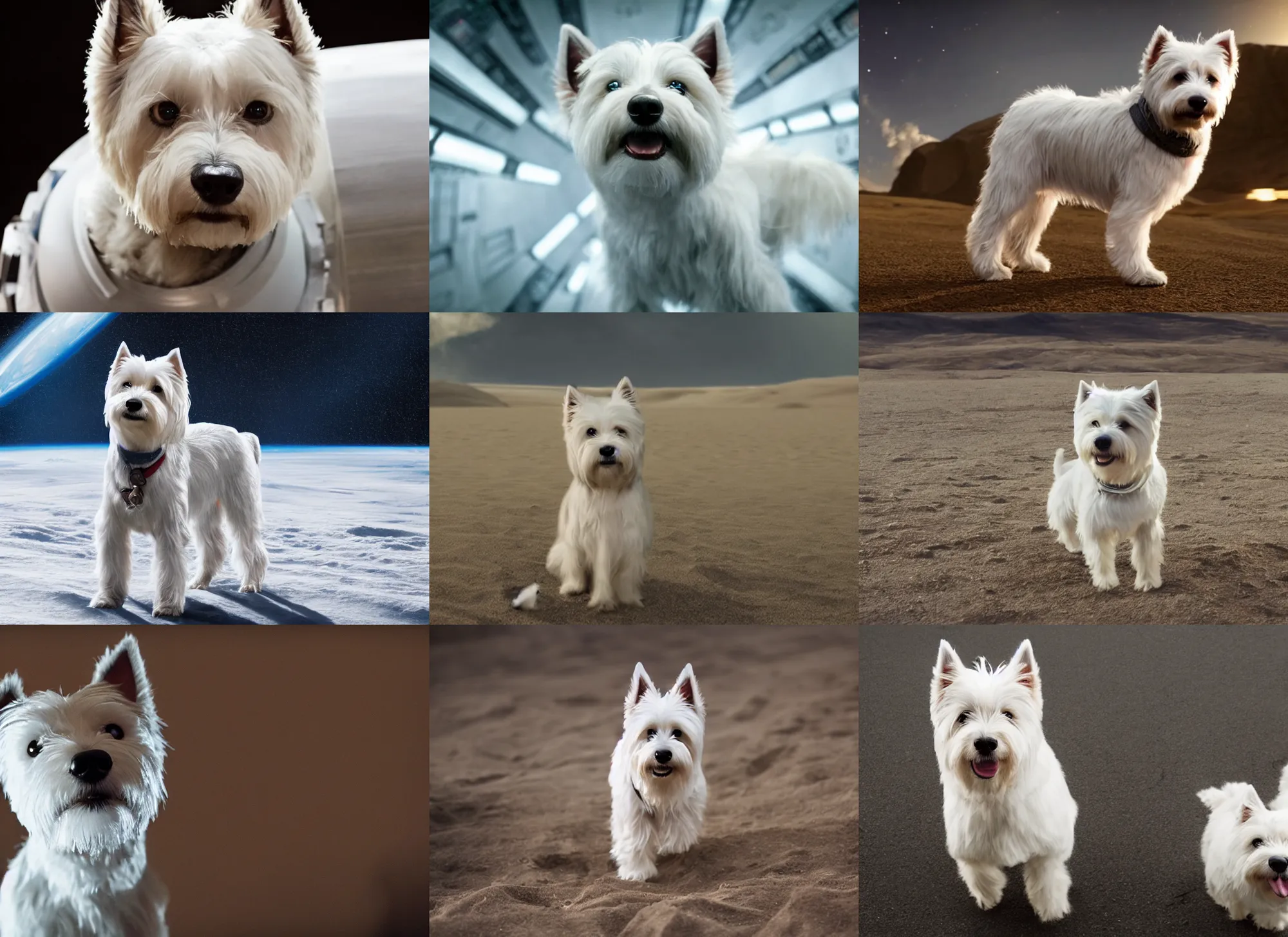 Prompt: film still of anthropomorphic anthropomorphic westie as cooper in interstellar, 4 k