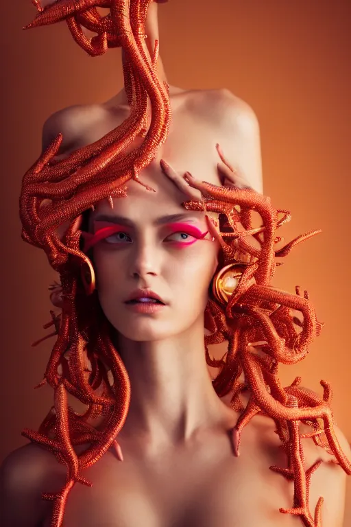 Prompt: beautifull cyberpunk woman model, wearing organic coral outfit, gold tendrils, luxury materials, symmetrical, cinematic, elegant, professional studio light, real dlsr photography, sharp focus, 4 k, ultra hd, sense of awe, high fashion