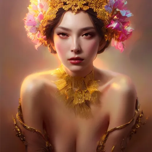 Prompt: expressive oil painting, of alluring european princess, seductive look, smooth glowing skin, glistening body, love, adoration, ornate headpiece made from flowers, glamour shot, by yoshitaka amano, by greg rutkowski, by jeremyg lipkinng, by artgerm, digital art, octane render