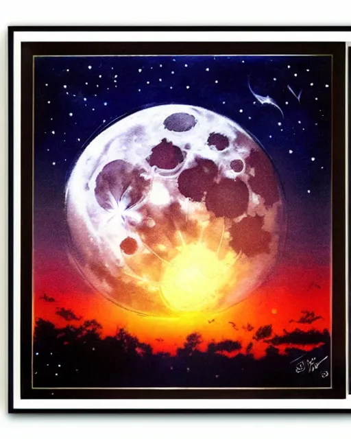 Image similar to full moon night sky background, airbrush, drew struzan illustration art, key art, movie poster