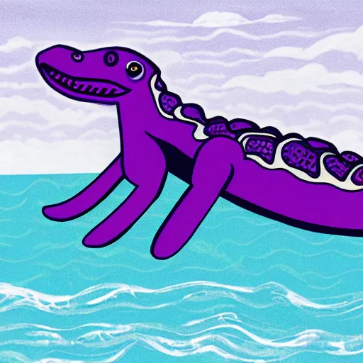 Prompt: illustration, violet crocodile with sunglasses, surfing