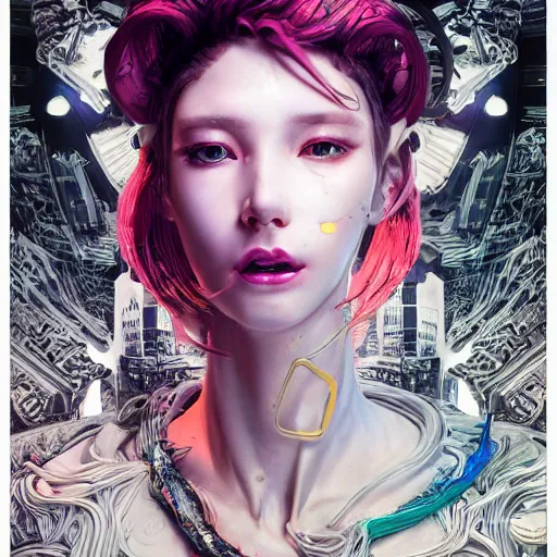 Image similar to the portrait of an absurdly beautiful, graceful, sophisticated, fashionable cyberpunk gravure idol, an ultrafine hyperdetailed illustration by kim jung gi, irakli nadar, hanna moon, cy twombly, intricate linework, bright colors, collage, porcelain skin, unreal engine 5 highly rendered, cgsociety, global illumination, radiant light, detailed and intricate environment