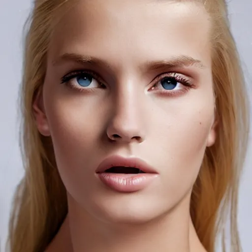 Prompt: attractive beautiful blonde young model close up wearing shirt, soft, cute, 1 9 6 0 ’ s fashion, 1 5 0 mm f 2. 8, extreme close up face shot, hasselblad, photo by brian ingram, david lazar, lisa kristine, steve mccurry, high quality, symmetrical face, clear skin, 4 k, dramatic lighting ”