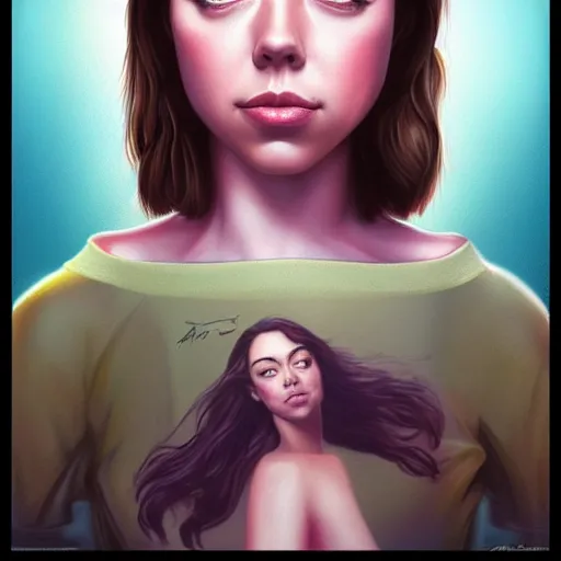 Image similar to a beautiful scenic painting of a beautiful young woman that looks like aubrey plaza by artgerm and wlop and wes anderson and spike jonze