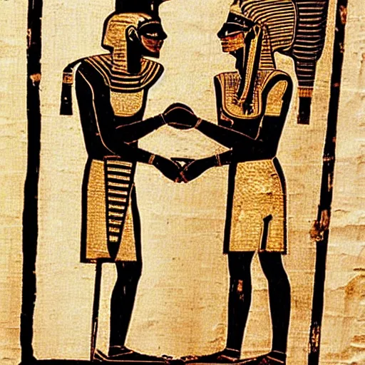 Image similar to pharaonic drawing on papyrus of a Pharaoh proposing to his lover