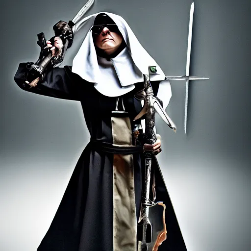Prompt: photo of a cyberpunk nun warrior with weapons