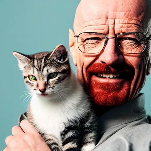 Prompt: Walter White massive smile, holding a cute cat, award-winning photography 4k