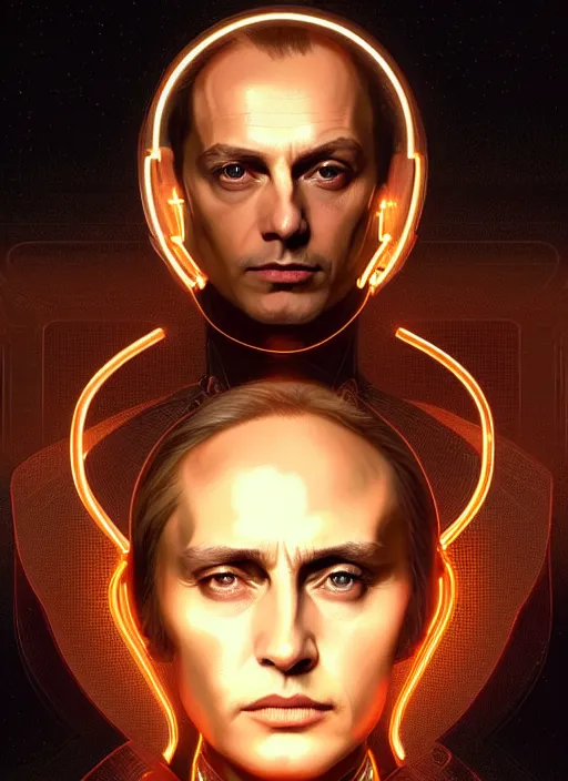 Prompt: symmetry portrait of a person who looks like vladimir putin, sci - fi, tech wear, glowing lights intricate, elegant, highly detailed, digital painting, artstation, concept art, smooth, sharp focus, illustration, art by artgerm and greg rutkowski and alphonse mucha