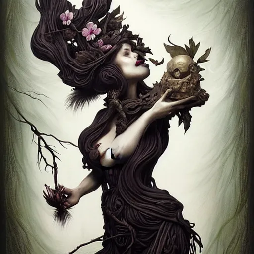 Image similar to fantasy portrait of a woman made of obsidian and smoke, carved Japanese Sakura wood organic overgrowth, holding nevermore, peter mohrbacher, artgerm, James Jean