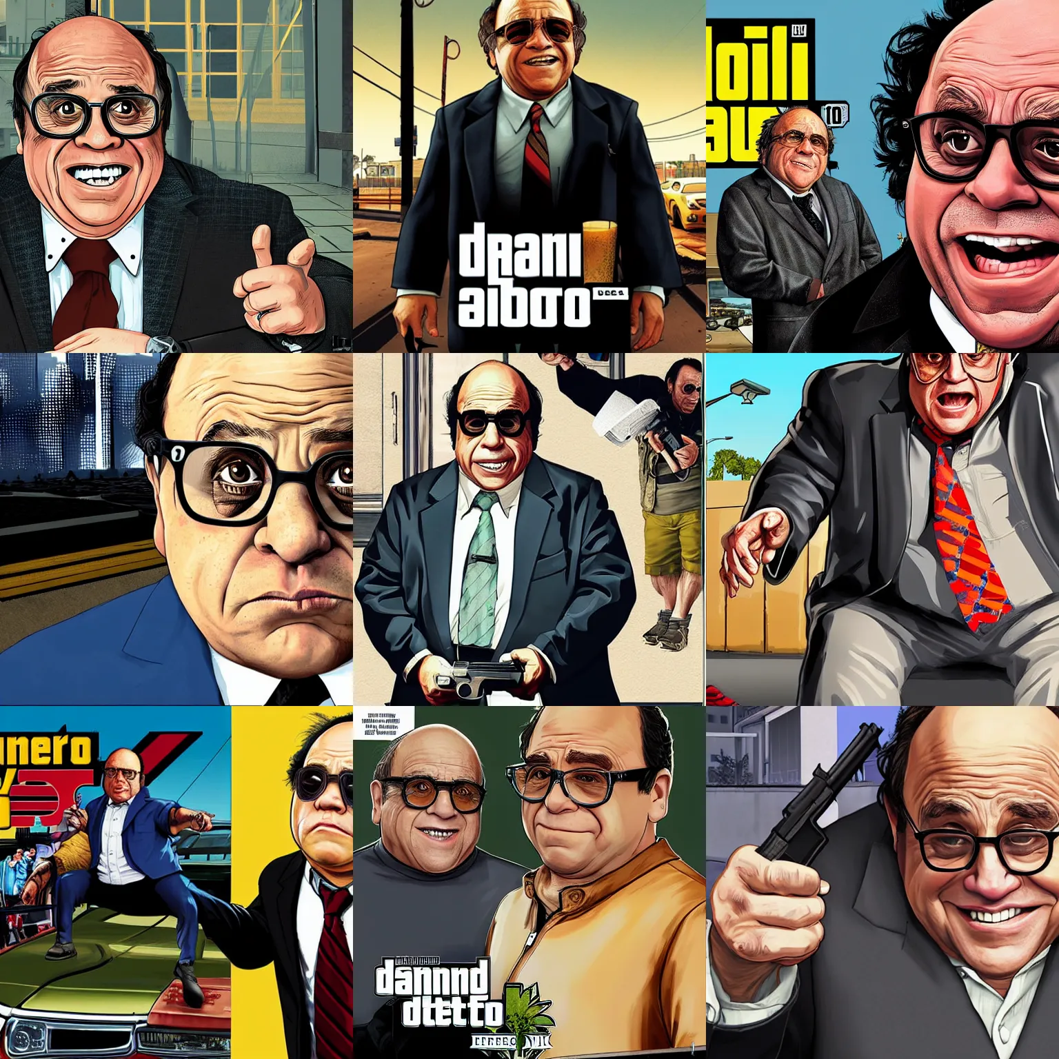 Prompt: danny devito as frank reynolds in gta v promotional art by stephen bliss, no text, very detailed, professional quality