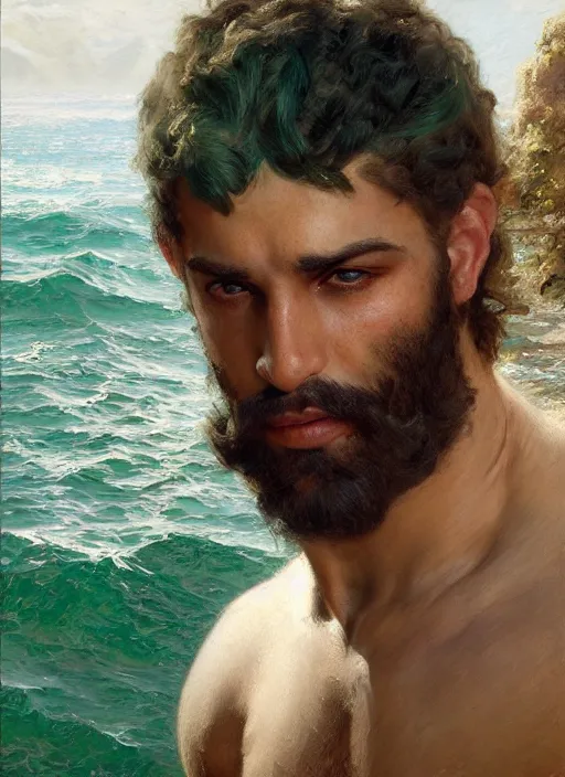 Image similar to detailed cinematic wide shot of muscular attractive young egyptian man beard slim face symmetrical face tanskin green eyes white hair wearing sea clothes, ultra realistic, spring light, painting by gaston bussiere, craig mullins, j. c. leyendecker