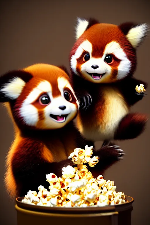 Image similar to high quality 3 d render hyperrealist very cute gothic happy red panda & koala hybrid eating popcorn, vray smooth, detective pikachu, very dramatic light, low angle, uhd 8 k, shallow depth or field