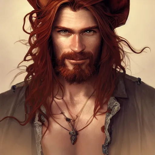 Prompt: portrait of a young ruggedly handsome but joyful pirate, male, masculine, upper body, red crimson hair, long long flowing hair, fantasy, smug smirk, intricate, elegant, highly detailed, digital painting, artstation, concept art, matte, sharp focus, illustration, art by artgerm and greg rutkowski and alphonse mucha